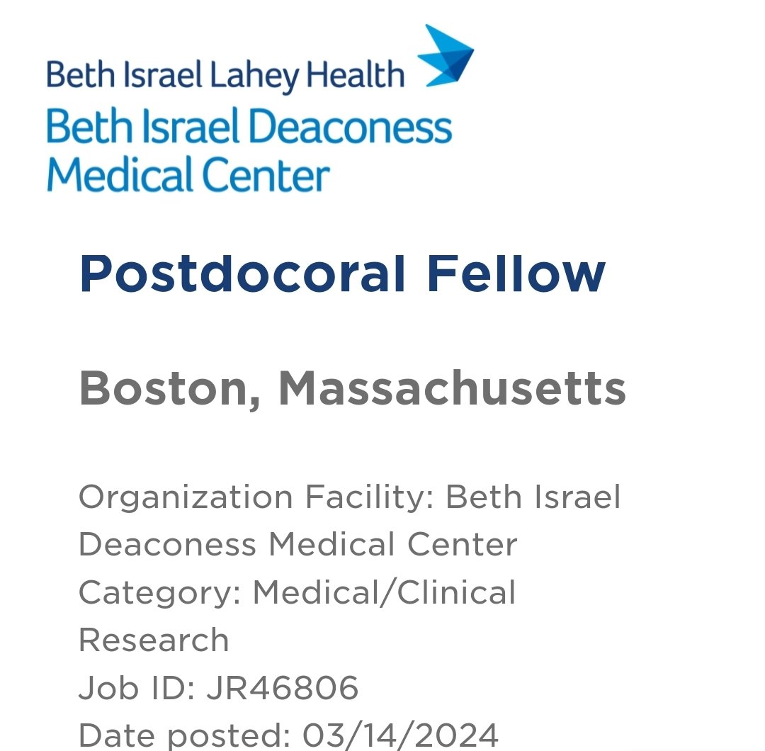 🚨 Research Position 🚨 ⚕️Research Fellow 🏥 Beth Israel Deaconess Medical Center Apply here 👇🏼 jobs.bilh.org/job/-/-/169/62… Bookmark 🔖to apply later #imgmatch #MedEd #MedTwitter #MedStudentTwitter #IMG #IMGs #MatchDay #MATCH24 #MATCH25 #UnMatched