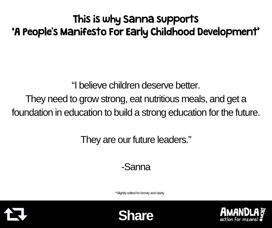 Join Sanna and demand political parties to implement the manifesto for ECD from 2024 to 2029. Add your name to the petition here: awethu.amandla.mobi/petitions/a-ma… #TogetherForJustice ✊🏾