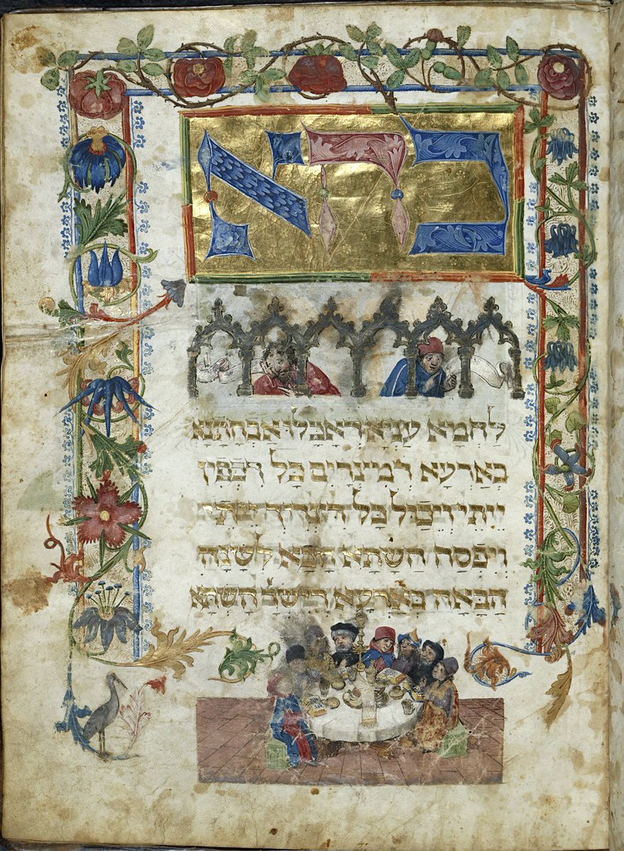 Passover still a couple of weeks away but here is the depiction of a seder table from the 'Ashkenazi Haggadah'. #ManuscriptMonday BL Add 14762; the 'Ashkenazi Haggadah'; c.1460 CE; Germany, S.; f.6r @BL_HebrewMSS @BLAsia_Africa