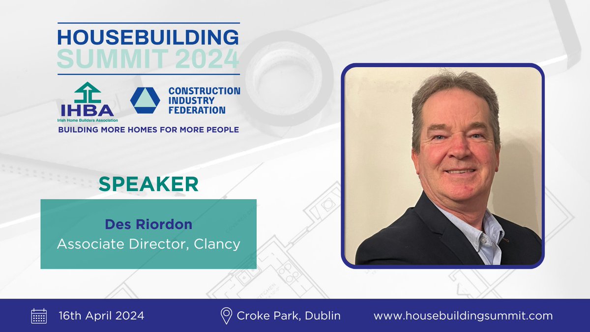 We are pleased to annouce that Clancy Associate Director Des Riordan will be speaking at the IHBA Summit 2024 on April 16th at Croke Park. Des will share insights & strategies alongside other industry leaders at this event. You can secure your spot at events.businesspost.ie/event/housebui…