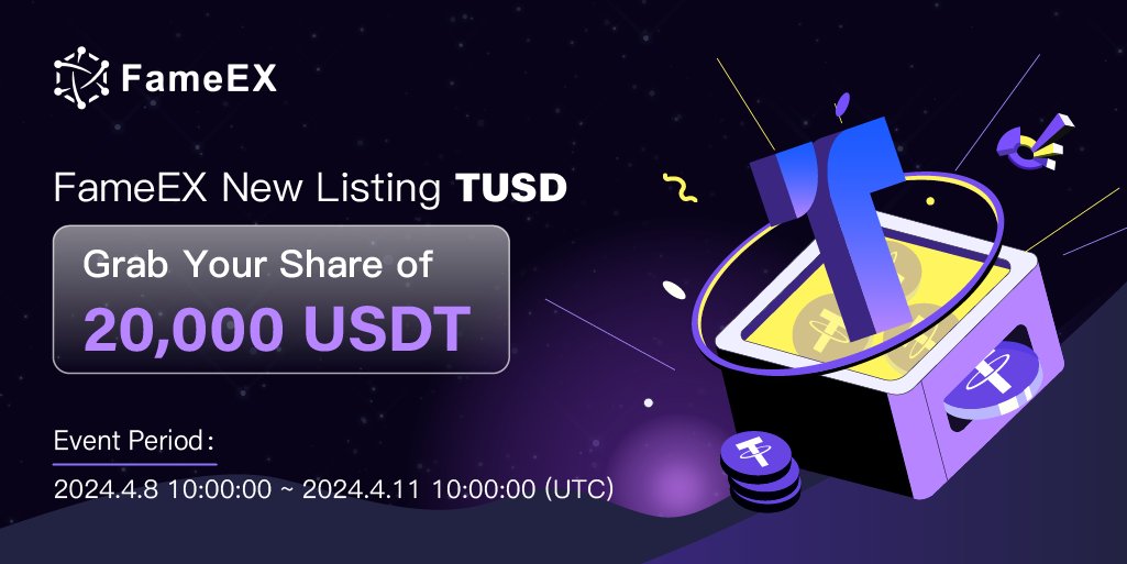 🔥 #FameEX New Listing $TUSD Event! @tusdio Join now to share the 20,000 $USDT prize pool 💰 1️⃣ Deposit any $TUSD to grab 10 USDT trial fund! Plus, deposit ≥100 TUSD for 3% TUSD #airdrop. 2️⃣ Make your first $TUSD trade to get 5 USDT. More details🔽 fameex.com/en-US/announce…