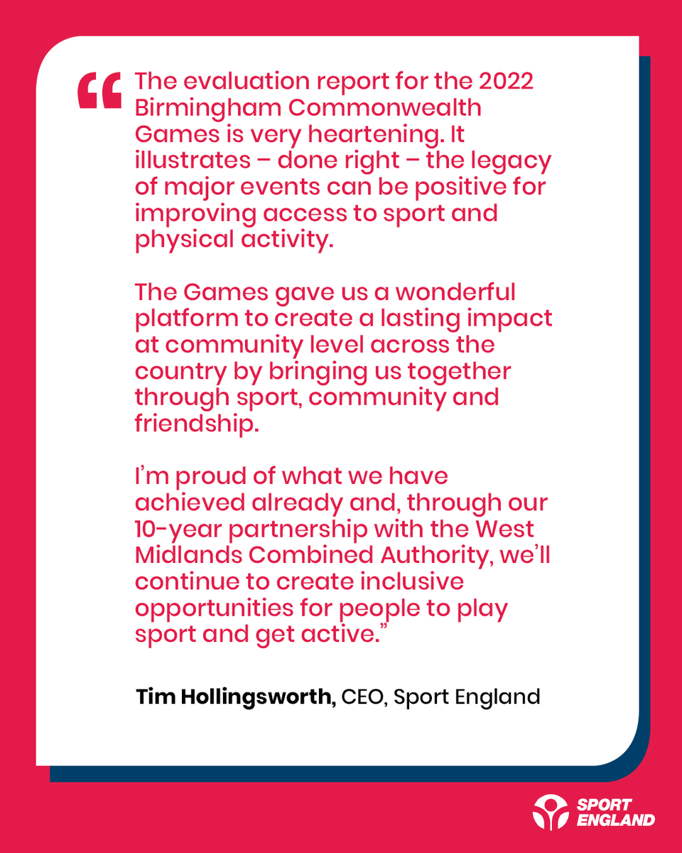 Sport_England's tweet photo. "The evaluation report for the 2022 Birmingham Commonwealth Games is very heartening. It illustrates – done right – the legacy of major events can be positive for improving access to sport and physical activity." - @tphollingsworth 🗣️

The positive impact of hosting major sporting events has been outlined in a new report which shows how it supported business growth and inspired young people through sport participation programmes and youth projects.

Read more: https://t.co/RrGJkjdVIO