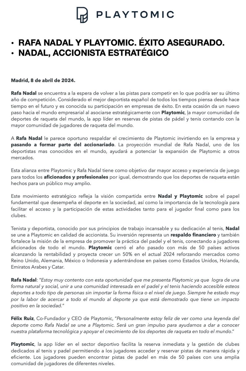 RafaelNadal's tweet photo. Muy contento asociarme con Playtomic. Logra unir a tenis y padel haciendo accesible estos deportes a todo tipo de personas sin importar la forma física o el nivel de juego. 
Acercar a todo el mundo al deporte, demostrado que tiene un impacto positivo en la sociedad 👍🎾