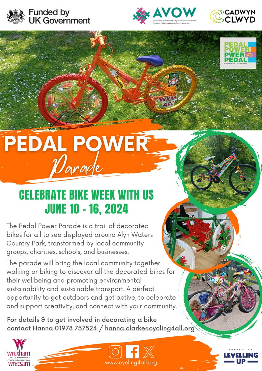 Get involved with @PedalPowerWxm 's Pedal Power Parade during Bike Week June  10th - 16th at Alyn Waters Country Park.
A trail of decorated bikes displayed around the park, decorated by local community groups, charity's, schools, & businesses. 
See 📷 for details