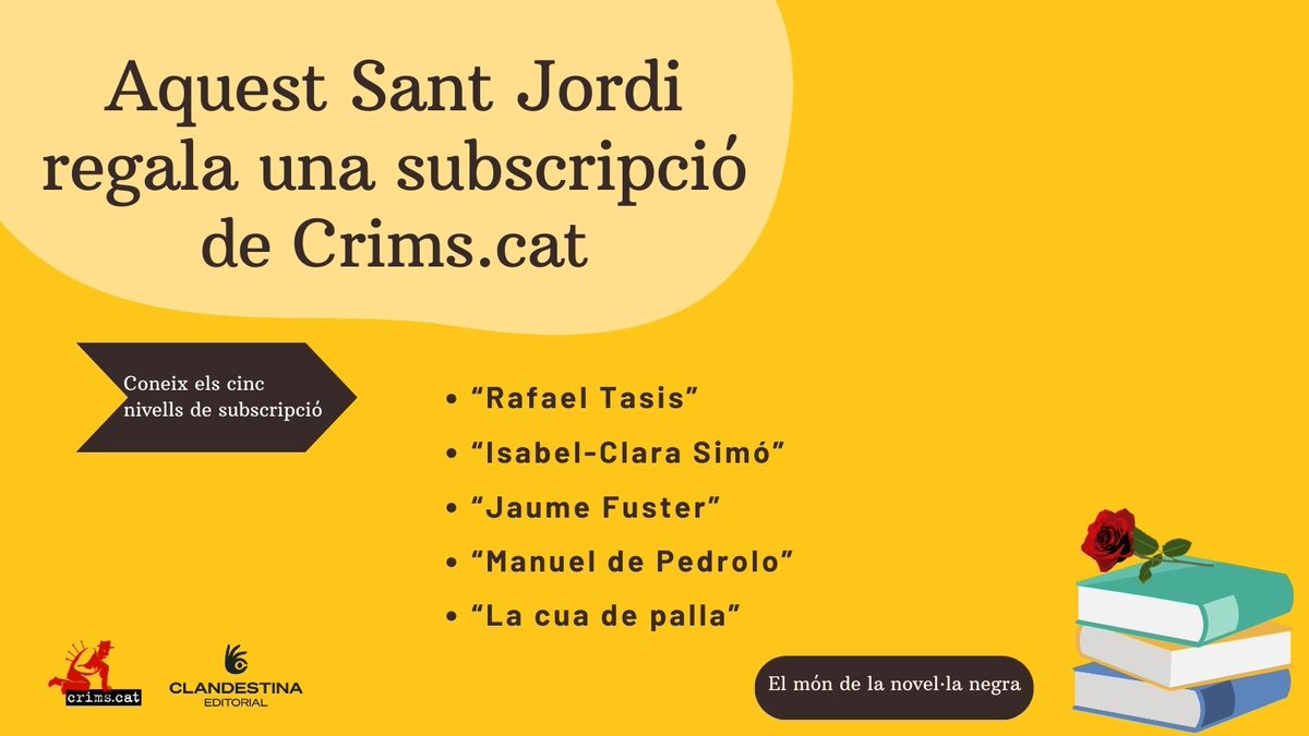 Regala la millor novel·la negra en català!🌹📚

Us presentem tots el nivells de suscripció entre els que podeu escollir a crimscat.aixeta.cat

#novelanegra #llegirencatalà #aixeta #crimscat