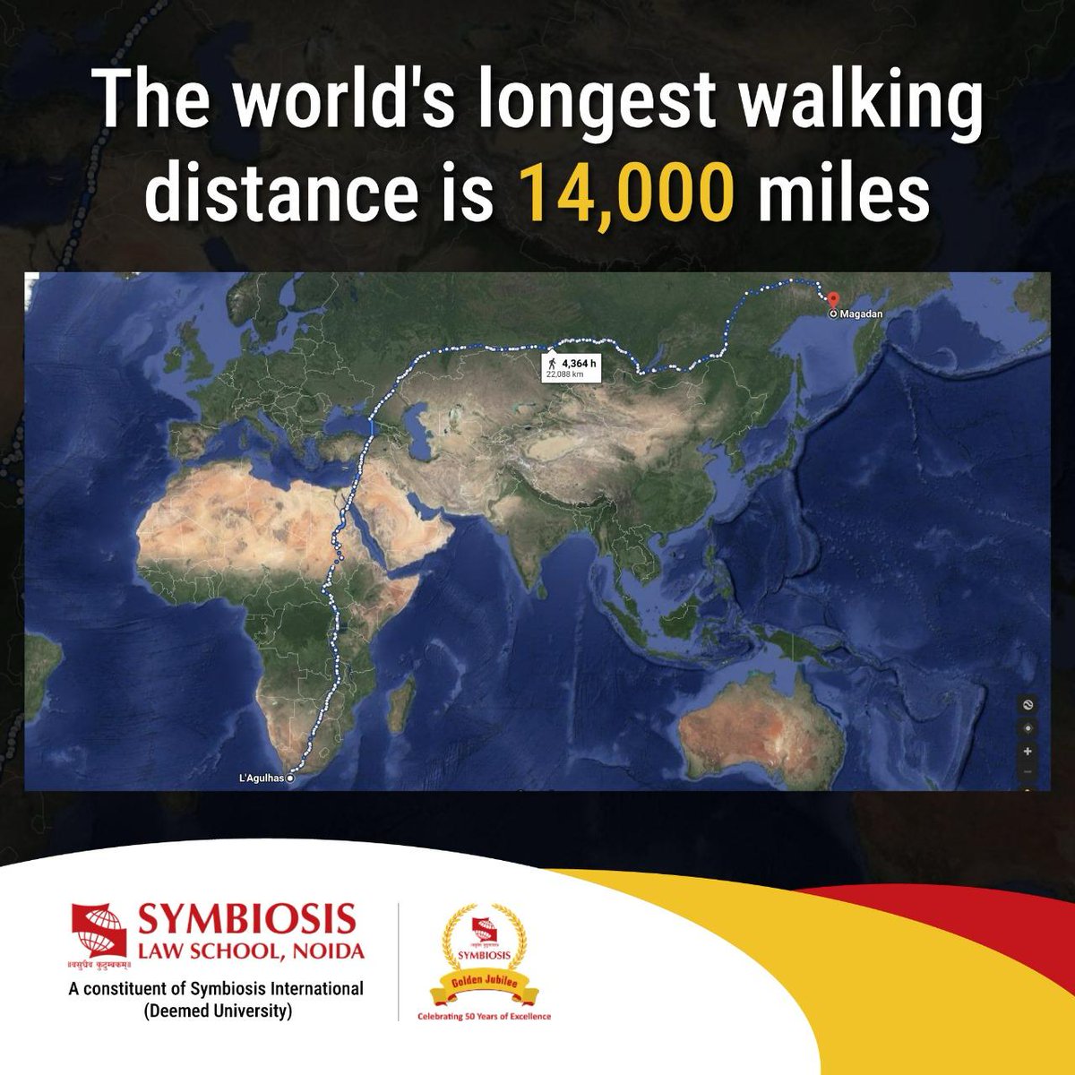 Imagine traversing the globe on foot! 🌍 The ultimate adventure stretches 14,000 miles from Magadan, Russia, to Cape Town, South Africa, without the need for flying or sailing – just bridges and open roads. . . . #symbiosislawschool #noida #longestwalk #Russia #SouthAfrica