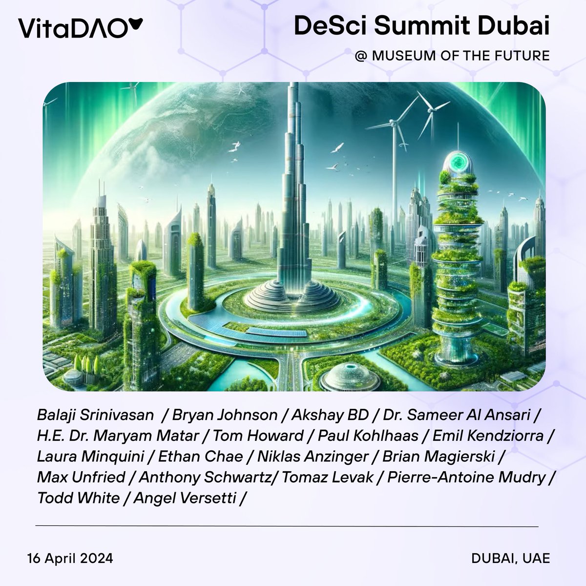 After last year's mention of longevity & network states at @token2049, @vita_dao elevates the discussion with the DeSci Summit in Dubai during #TOKEN2049Week. Dive into decentralized science, DAOs, and the future of science! 👉 Apply now lu.ma/descidubai