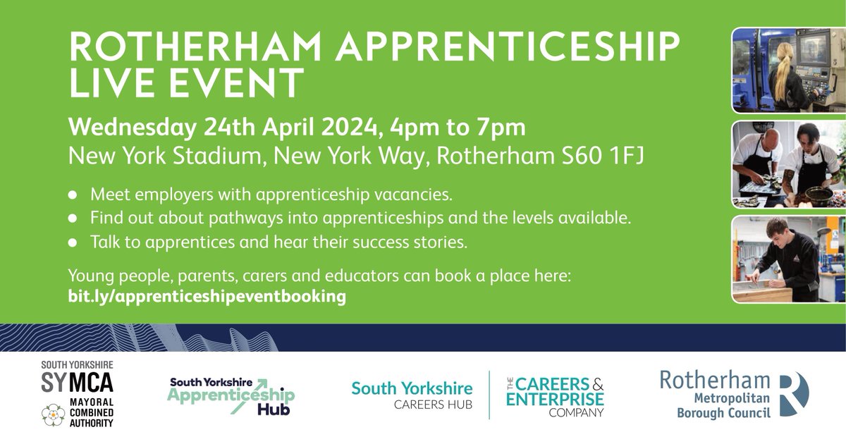 Rotherham's Apprenticeship event takes place on 24 Apr, from 4pm at New York Stadium, providing an opportunity for young people, parents & carers to learn about apprenticeships as a post-16 option. Visit the website for more info & to book your free place: buff.ly/3TEfGda