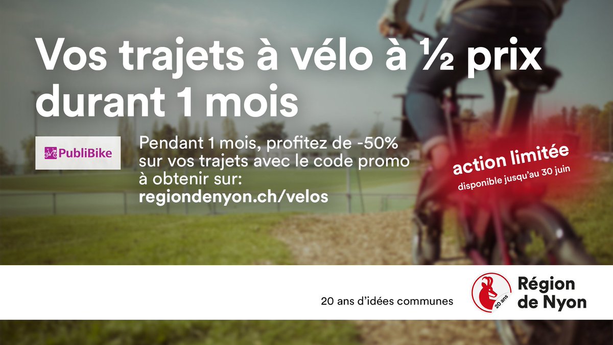 Région de Nyon (@regiondenyon) on Twitter photo #MOBILITÉ. 🚲 Les 30 premières minutes de tous vos trajets en <a href="/PubliBike/">PubliBike Velospot</a> durant 1 mois sont à ½ prix sur le réseau de #vélos en libre-service de la Région de Nyon.
Obtenez le code promo maintenant sur:
👉 regiondenyon.ch/velos #MOBILITÉ. 🚲 Les 30 premières minutes de tous vos trajets en <a href="/PubliBike/">PubliBike Velospot</a> durant 1 mois sont à ½ prix sur le réseau de #vélos en libre-service de la Région de Nyon.
Obtenez le code promo maintenant sur:
👉 regiondenyon.ch/velos