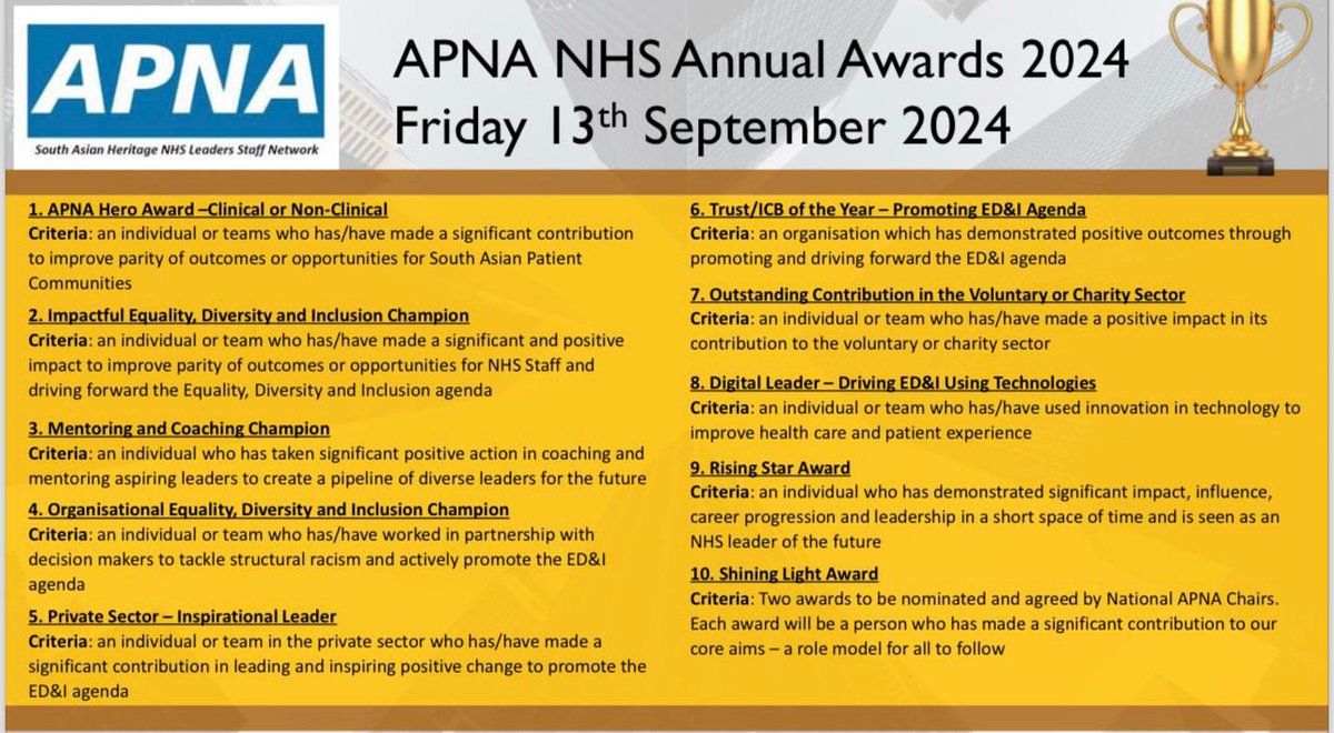 We are pleased to announce that nominations for the 2024 APNA Awards are now live 📝 Nomination form: 🔗 forms.office.com/e/T10aXhMhRK?o… 📅 Deadline 31 May 2024 📧 Queries to ApnaNHSAwards@gmail.com 🏆 Awards evening: 📅 Fri 13th Sept 2024 📧 ApnaNHSEvents@gmail.com for a booking form
