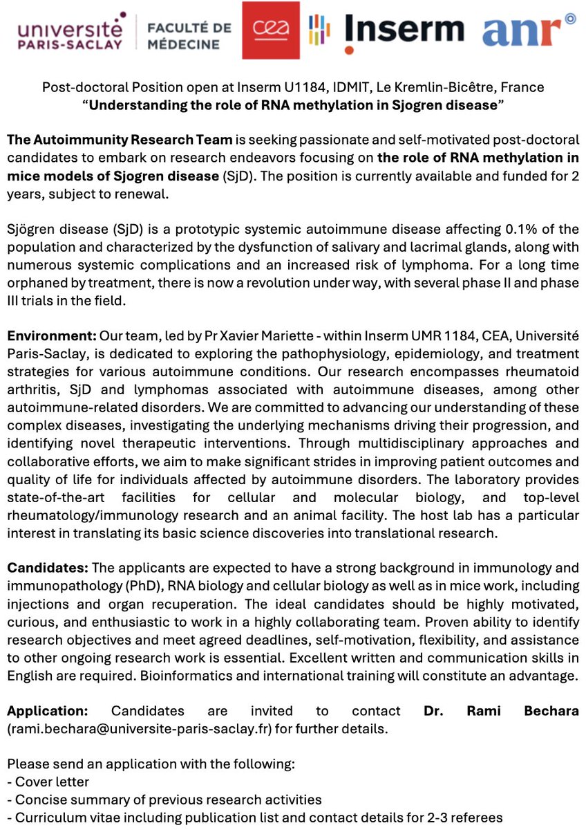 🎉Calling all RNA enthusiasts! Postdoc position to understand the role of RNA methylation in autoimmunity while enjoying a dynamic and supportive research environment! Apply now and let's decode RNA methylation together!🧬 <a href="/y_efis/">yEFIS</a> <a href="/AgenceRecherche/">ANR - Agence nationale de la recherche</a> <a href="/Inserm/">Inserm</a> <a href="/UnivParisSaclay/">Université Paris-Saclay</a>