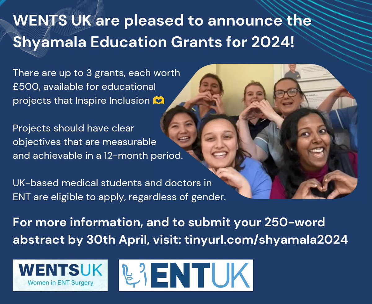 Applications are still open for the Shyamala Education Grants for 2024, see tinyurl.com/shyamala2024 There are up to 3 grants, each worth £500. UK-based med students and doctors in ENT are eligible to apply, regardless of gender. Apply by 30th April.