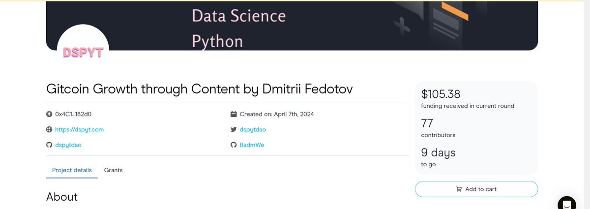 dspytdao's tweet image. Gitcoin Growth through Content by Dmitrii Fedotov @DmitriFedotov on GitCoin Retro Grant
⏬
explorer-v1.gitcoin.co/#/round/42161/…

@GitcoinCitizens
@gitcoin
@gitcoinpassport
#Gitcoin #OpenSource #SupportDevelopers