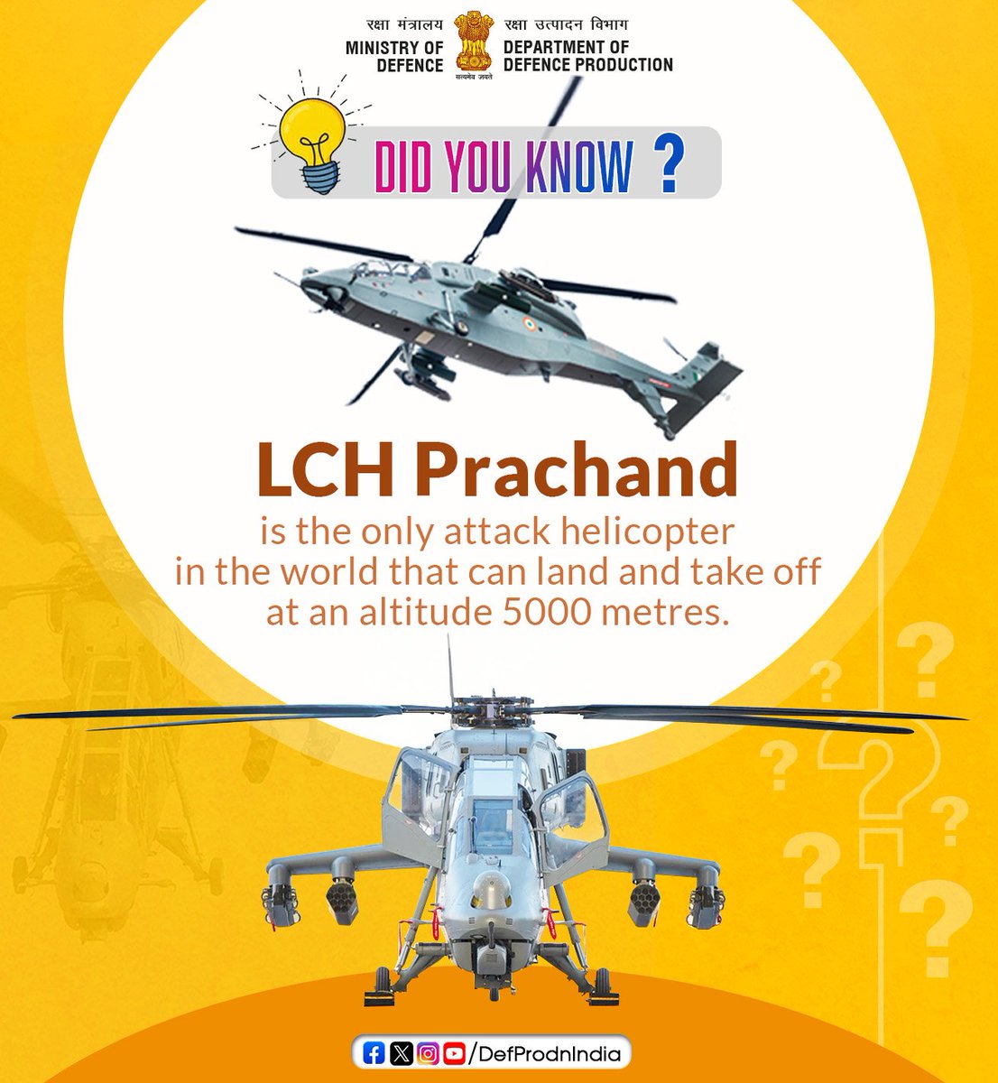 DefProdnIndia's tweet photo. #LCHPrachand ~ A perfect example of #AatmanirbharDefence 

🔹The LCH is the first indigenous Multi-Role Combat Helicopter designed and manufactured by #HAL. 

 🔹LCH is the only attack helicopter in the world which can land and take off at an altitude of 5000m.
@IAF_MCC https://t.co/F1OKB6Qc7e