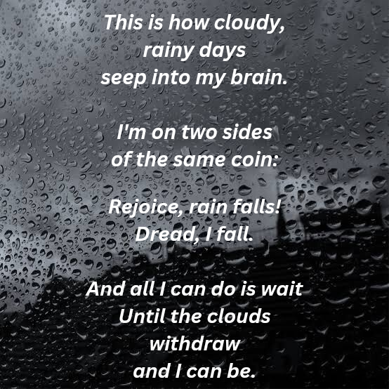 Taking a slow and in the moment approach to #NaPoWriMo this year. 'On Rainy Days', written by me. I appreciate the rain. I don't appreciate what it does to my brain. ~Ella 🐢🩵
