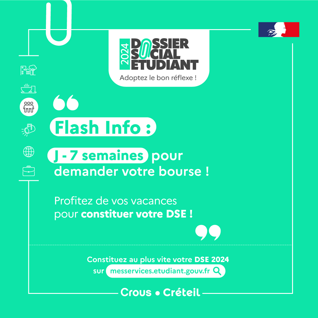 ATTENTION, J-7 SEMAINES ! Profitez de vos vacances pour demander votre bourse. 😉 👉 Pour cela constituer votre DSE. sur messervices.etudiant.gouv.fr ! @UPECactus @UnivParis8 @univ_spn @UGustaveEiffel #DSE #bourses #logements #étudiants #parcoursup2024 #parcoursup