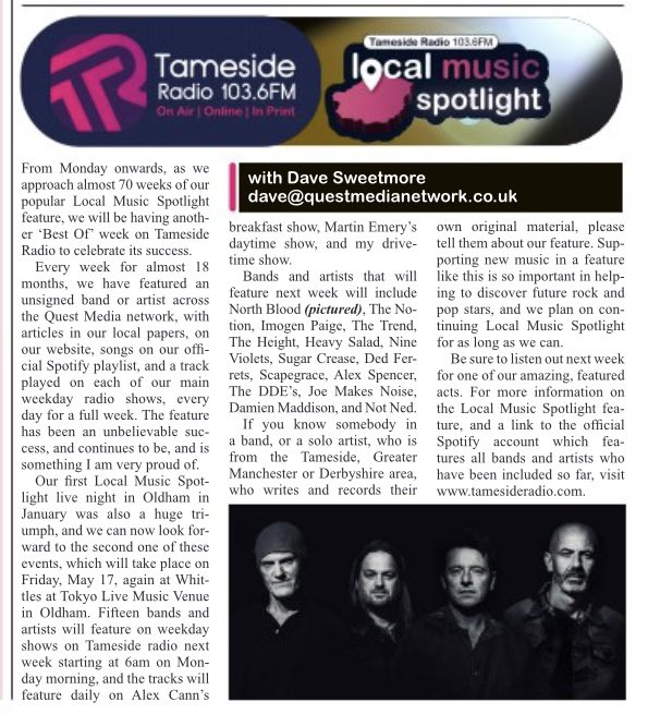 Across all shows this week on @tamesideradio, some of the recent highlights of Local Music Spotlight including @NorthBlood_Band @TheNotion_band @imogenpaigee @Trendy_Records @TheHeightBand @HeavySaladSound @NineViolets @SugarCrease @alexspencerUK @joemakesnoise @damien_maddison
