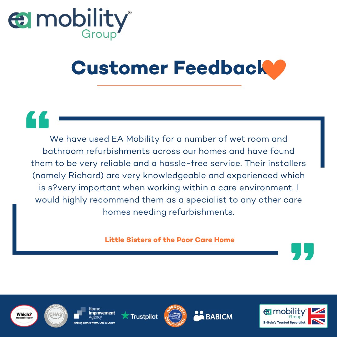 EA Mobility is grateful for the testimonial received from Little Sisters of the Poor Care Home. We're honored to be recognized for our dedication to enhancing accessibility and comfort. #Testimonial #Gratitude #Accessibility #EACommunity #LittleSistersOfThePoor