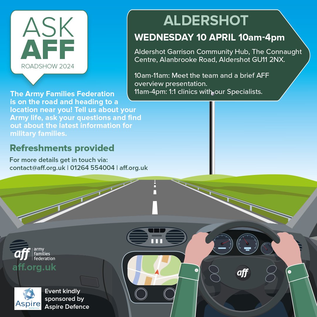 Don’t forget, Ask AFF is in Aldershot tomorrow to answer queries & provide the latest information for Army families. Come to the garrison community hub to learn more about what we do. If you have a problem you need help with there are one-to-one clinics between 11am and 4pm.