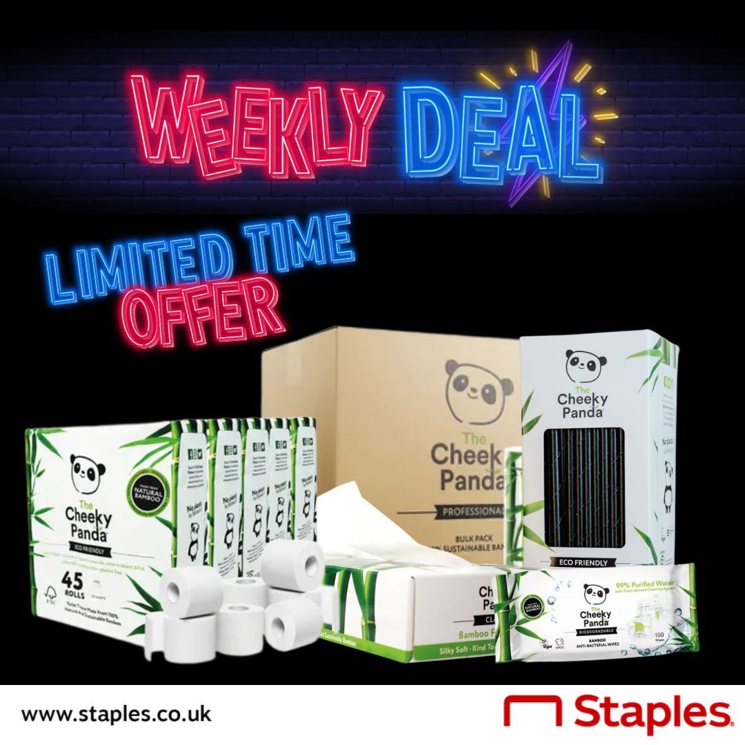 Get cheeky with this week’s deal!🐼🌱 Cheeky Panda offer eco-friendly bamboo essentials for every day living. From soft toilet rolls to gentle facial tissues, upgrade your household and office essentials today! Start your order👉🏼 buff.ly/481T63q #StaplesUK #CheekyPanda