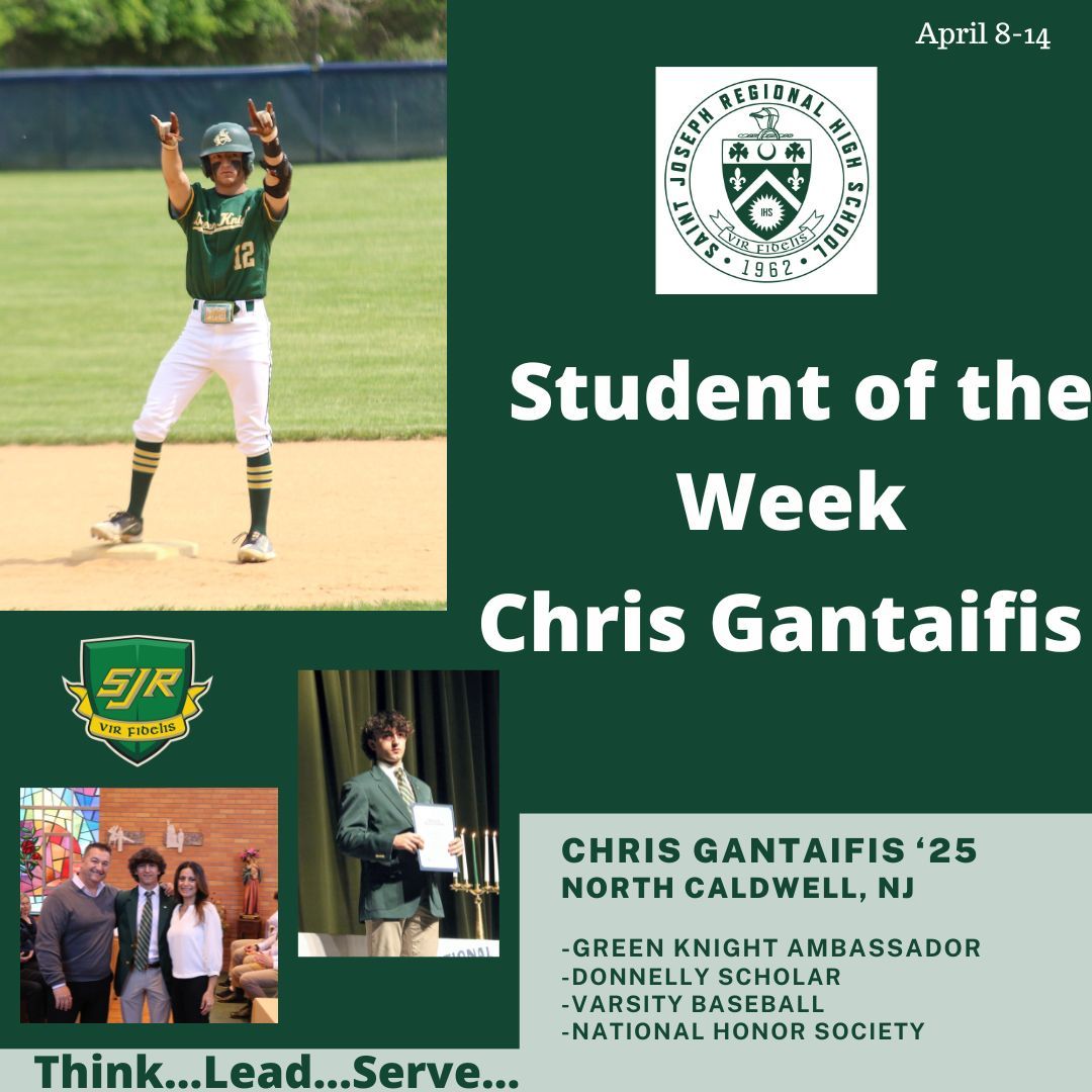 Congratulations to this week's Student of the Week Chris Gantaifis. The junior from North Caldwell, NJ has been a top ambassador for SJR, a Donnelly Scholar, member of the National Honor Society and Varsity baseball team. Congrats Chris! #StudentoftheWeek