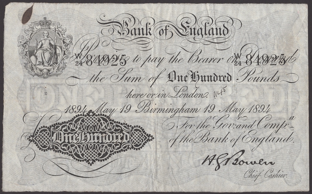 Looking back at last month’s sales… a very rare £100 note from the Birmingham branch of the Bank of England, dated May 1894 sold for a hammer price of £38,000.

#banknotes #birmingham #numismatics #bankofengland 

See link noonans.co.uk/auctions/archi…