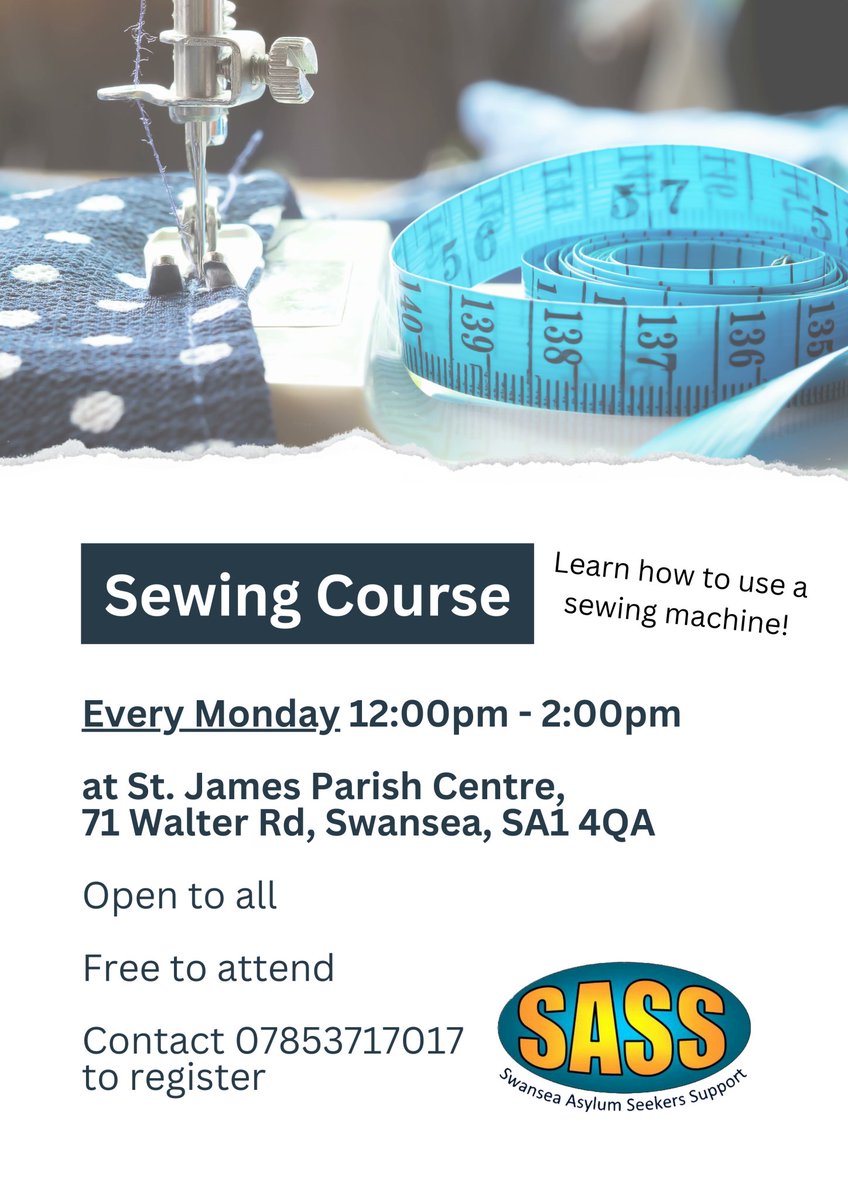 Our sewing group restarts today, taking place every Monday from 12:00 until 2:00pm at St. James' Church Centre. New learners are welcome!