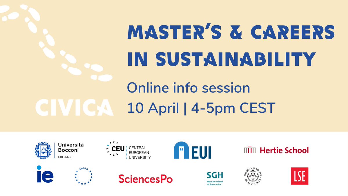 Looking to pursue a career in sustainability? 🌳 The study programmes at our CIVICA institutions are an excellent place to get started! 💻Join our upcoming webinar to learn more about our opportunities with @Unibocconi @thehertieschool @IEuniversity 🔗 loom.ly/iNP17bM