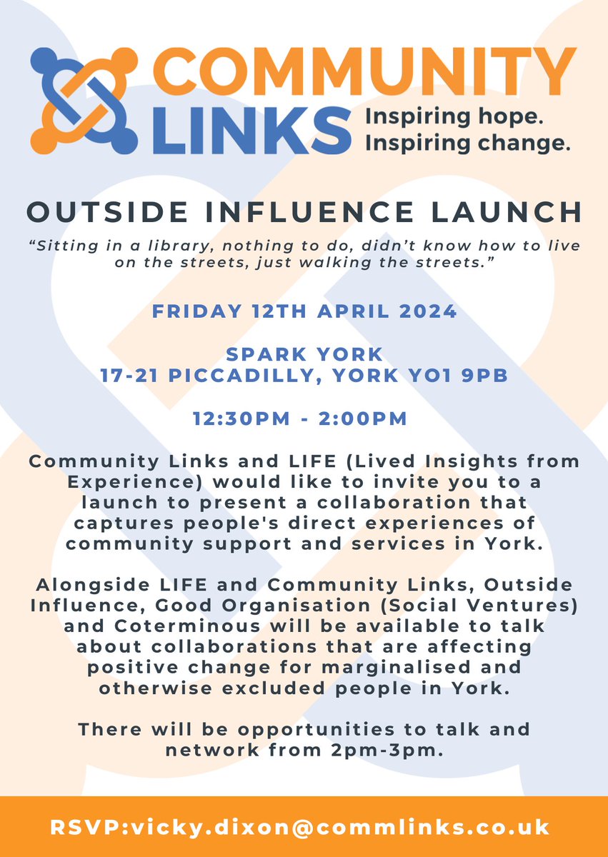 Outside Influence Launch! 🥳🥳 “Sitting in a library, nothing to do, didn’t know how to live on the streets, just walking the streets” When: Friday 12th April 2024 Where: SPARK York, 17-21 Piccadilly, York YO1 9PB Time: 12:30pm - 2:00pm @GoodOrgCIC @LivedInsights