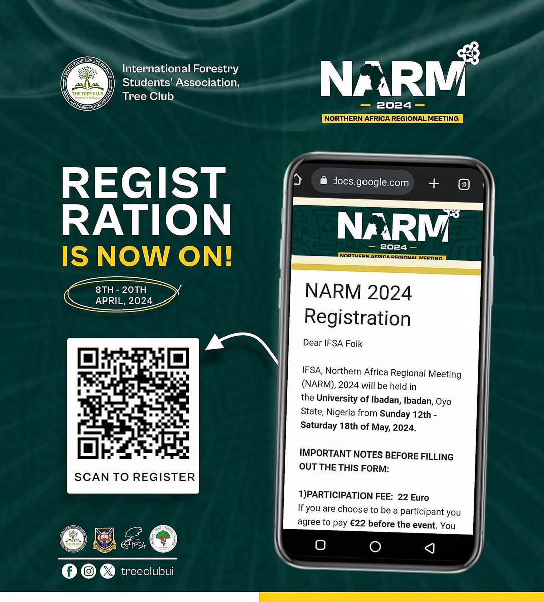 Registration is now on for the 2024 IFSA Northern Africa Regional Meeting (NARM'24) You will need to submit your membership verification forms.gle/HCuvAwN2bZyBRn… Registration deadline: 20th of April, 2024.