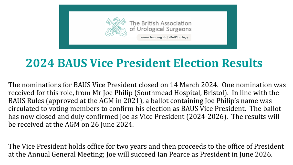 👀 2024 BAUS VP Election Results We are delighted to announce that Joe Philip has been elected as the next BAUS Vice President. Joe will take over from Ian Pearce as VP at BAUS2024. We very much look forward to working with Joe in his new role. @jocresswell4 @IPearce82