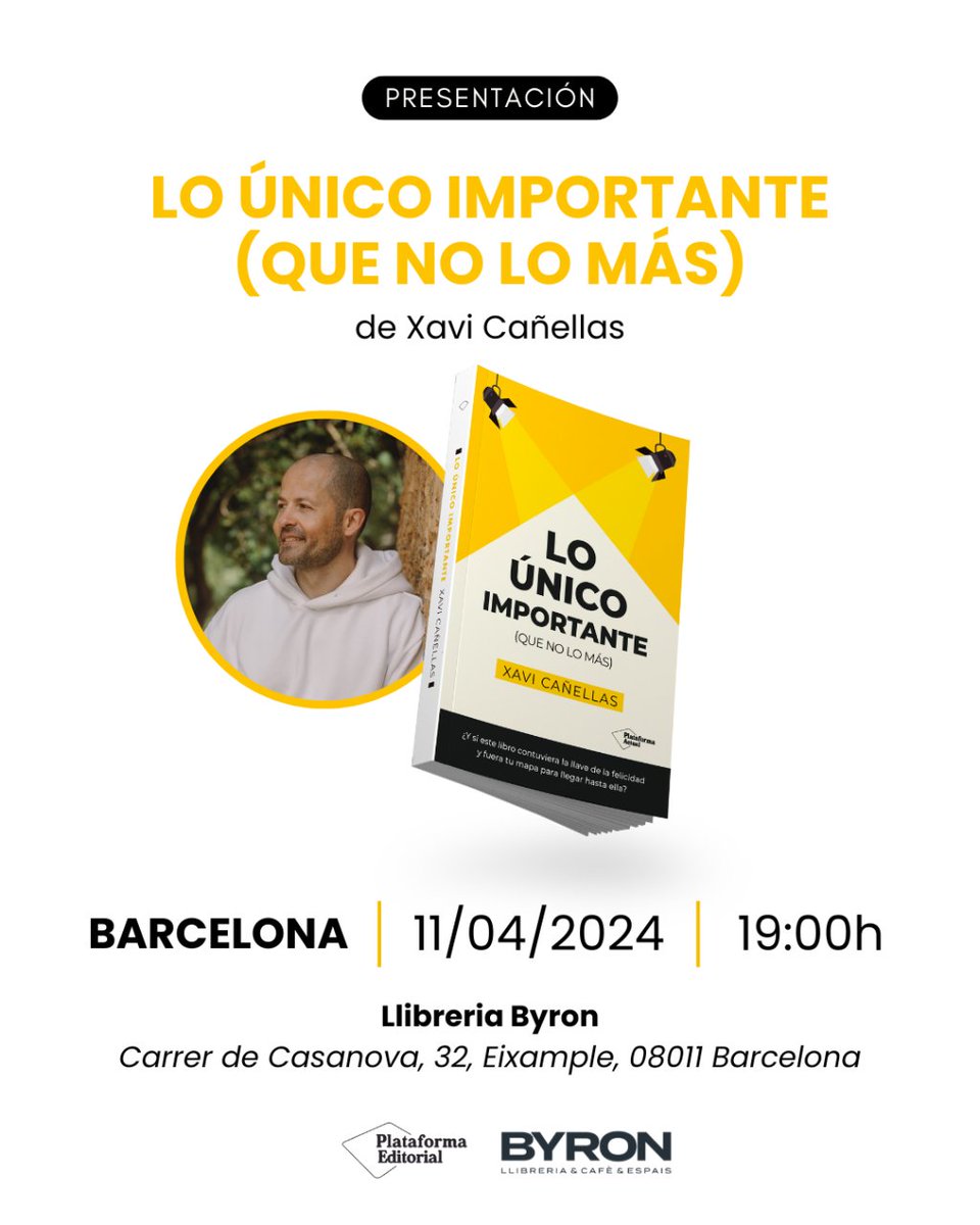 Xavi Cañellas presenta 'Lo único importante', su nuevo libro que te ayudará a dejar de buscar y empezar a trabajar tu felicidad. 📅 Jueves, 11 de abril ⏰ 19:00 h 📍 Barcelona ¡Te esperamos! #xavicañellas #leeresvida #presentacionlibro