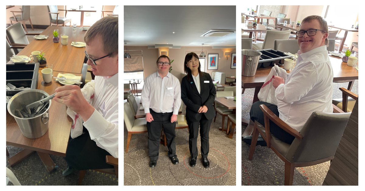 Jack is doing well as a breakfast assistant at the @HiltonCambridge. His tasks include clearing and cleaning tables, pot washing, restocking breakfast, polishing cutlery, and hoovering. His buddy Kayako told us that Jack picked things up quickly. #Hospitality #WorkFit