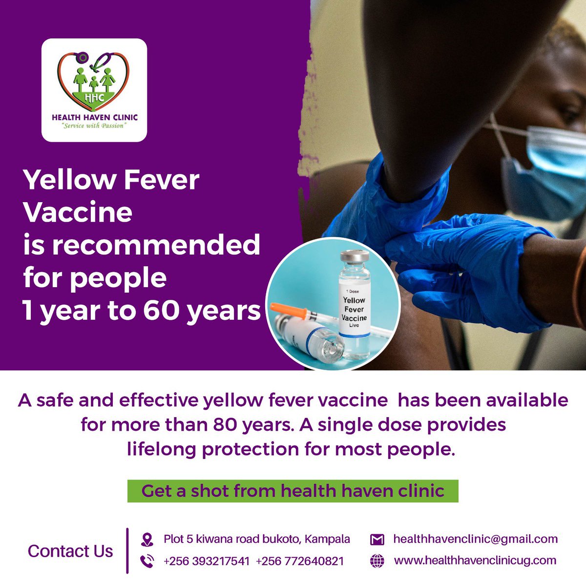 Protect yourself and your loved ones from yellow fever – get vaccinated today! Vaccination is your best defense against this serious disease. Don't wait until it's too late, visit Health Haven Clinic and get vaccinated. #HealthHavenClinicUg