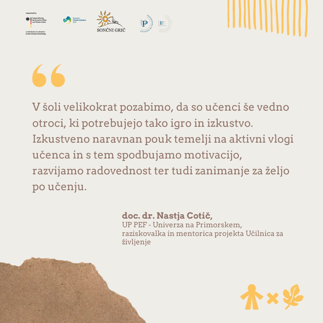 Kaj je izkustveno učenje in zakaj je 🌿 tako pomembno? ⁠
⁠
V šoli velikokrat pozabimo, da so učenci še vedno otroci, ki potrebujejo tako igro in izkustvo. Več o tem nam je v intervjuju 🎤 povedala doc. dr. Nastja Cotič, UP PEF. 

#EducationForClimate