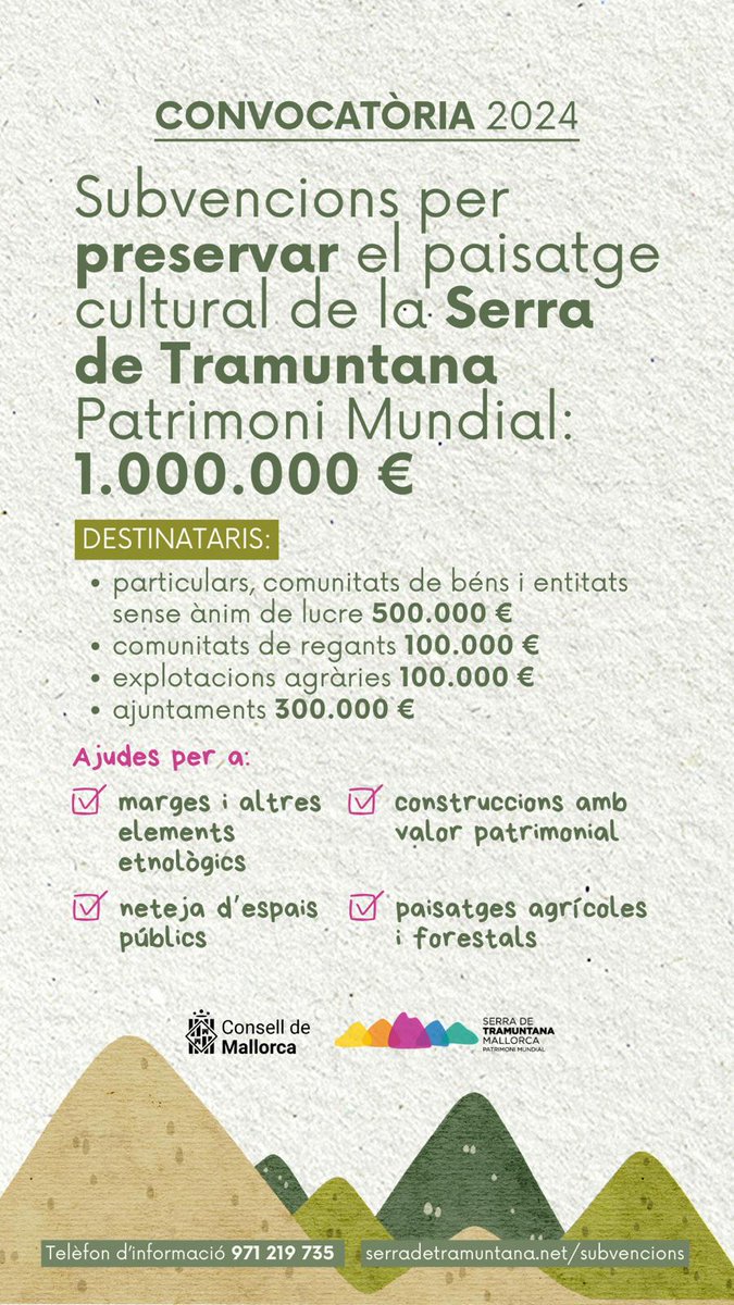 El termini per sol·licitar les subvencions que us ajudaran a preservar el paisatge de la #SerradeTramuntana, ja sigueu particulars o consistoris, acaba el 23 d'abril. ✍️serradetramuntana.net/subvencions