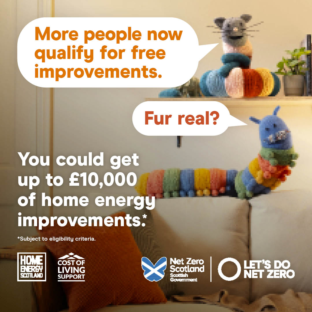 #WarmerHomesScotland has help and funding to make your home warmer. Call @HomeEnergyScot free on 0808 808 2282 or visit homeenergyscotland.org/warmer-home to find out if you could get home improvements worth up to £10k or more.