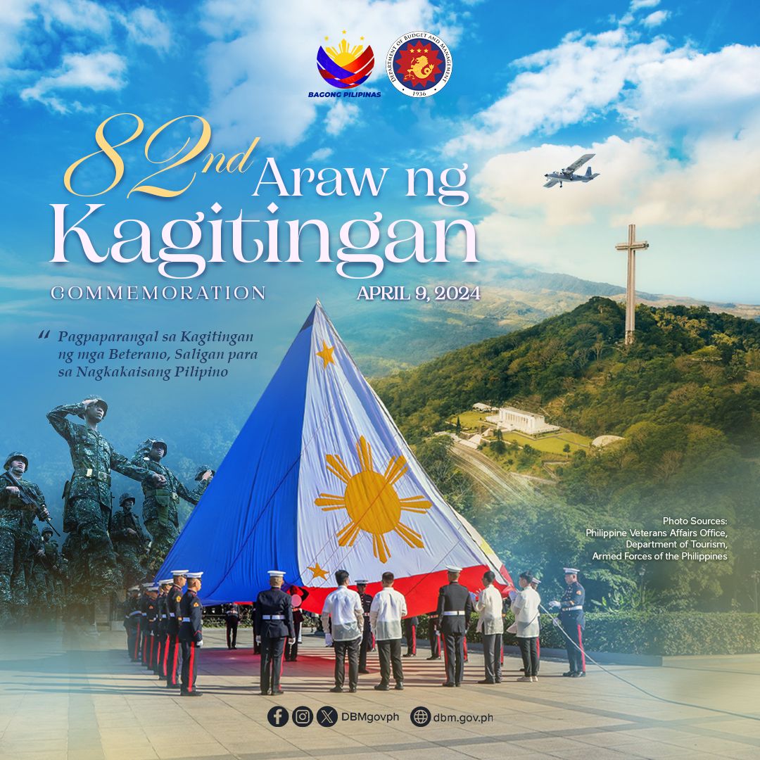 The DBM joins the nation in commemorating the 82nd Araw ng Kagitingan today, April 9, 2024 with the theme, 'Pagpaparangal sa Kagitingan ng mga Beterano, Saligan para sa Nagkakaisang Pilipino.'

#Kagitingan2024 #MakeItHistoric #PatuloySaPagtuklas