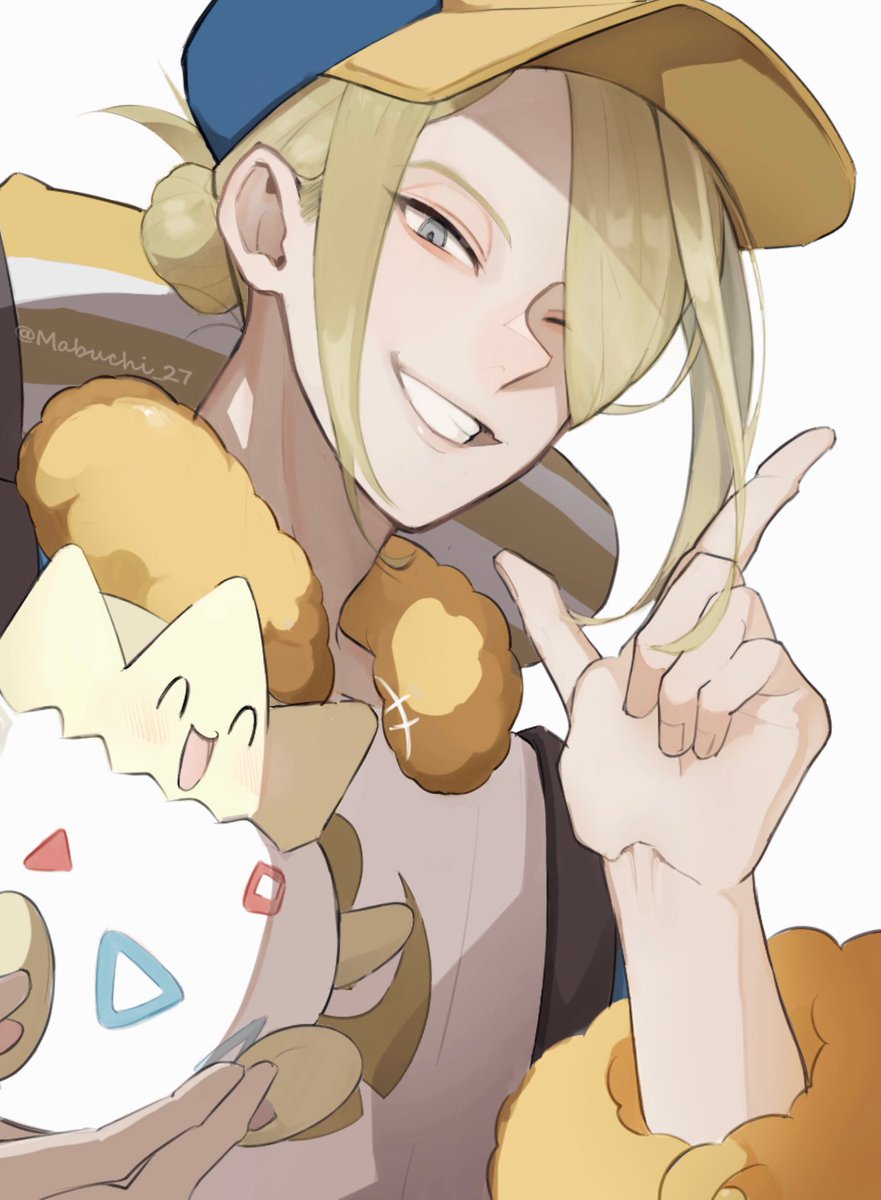 volo (pokemon) looking at viewer smile short hair blonde hair white background 1boy hat  illustration images