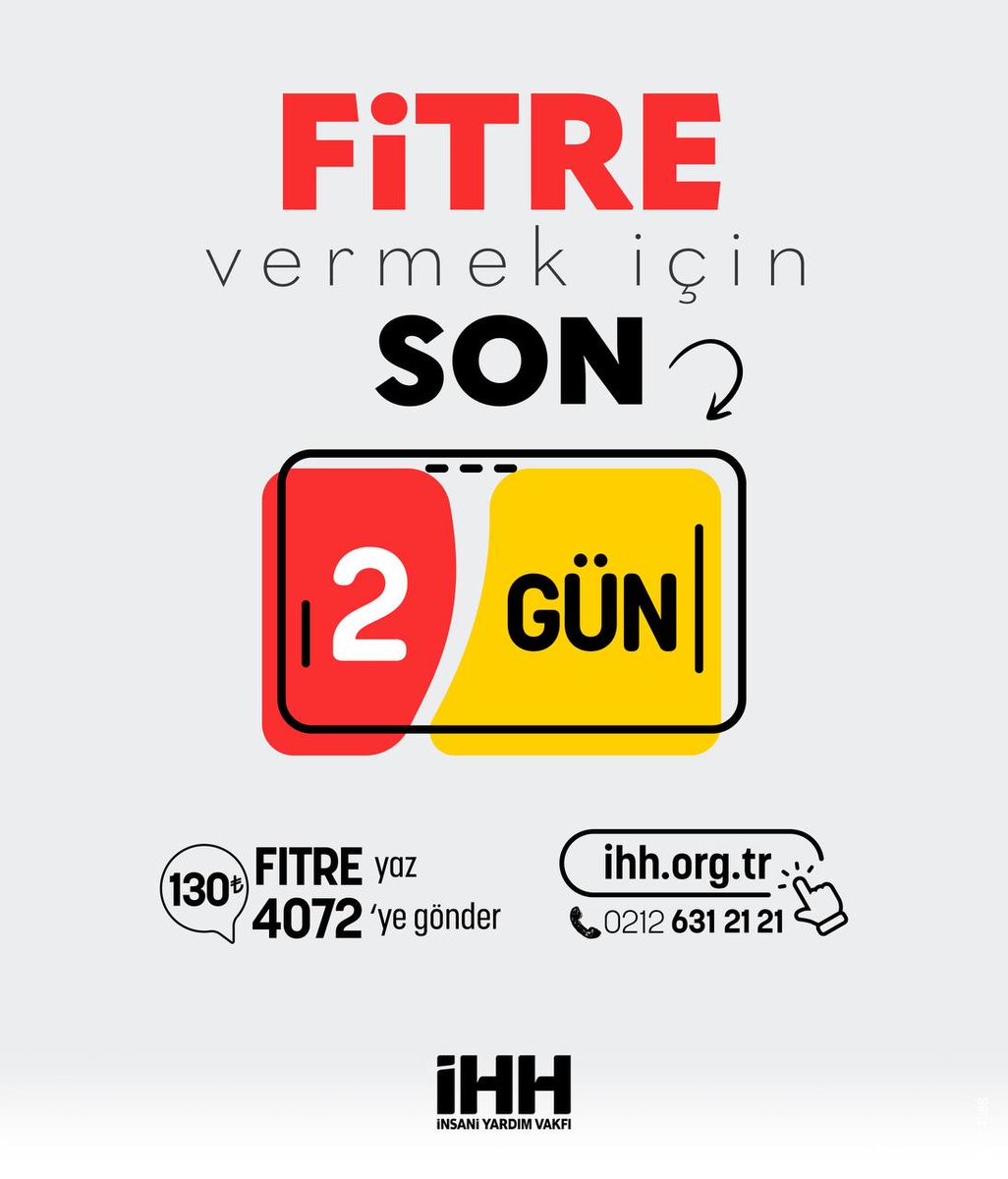 📌 Fitre vermek için son 2 gün. Fitreniz ihtiyaç sahiplerine umut olsun... 📨 FITRE yazıp 4072’ye SMS göndererek 130 TL ile kolayca bağış yapabilirsiniz. 👉 Online bağış: ihh.org.tr/bagis/fitre