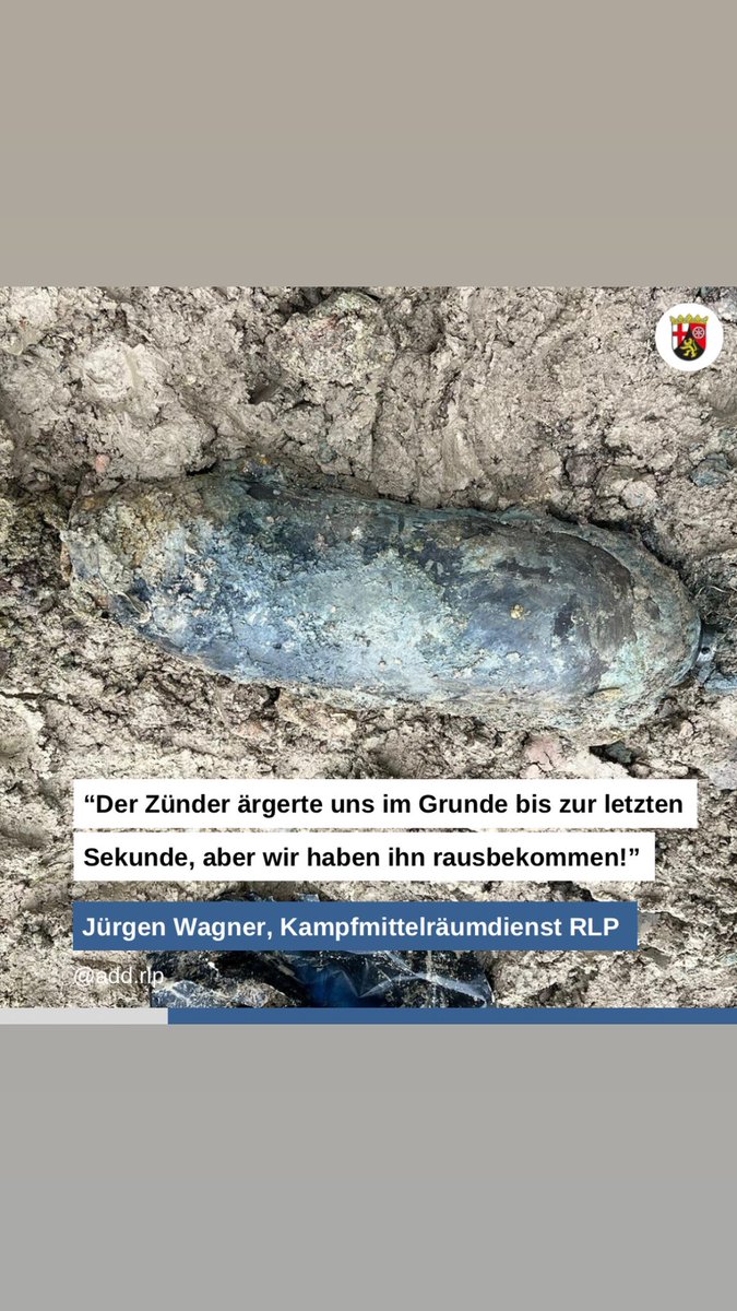 Ein großer 👏für die Kolleg:inen des #Kampfmittelräumdienstes Rheinland-Pfalz, die am Sonntag in #Bitburg eine 125 Kilogramm schwere #Weltkriegsbombe erfolgreich entschärft haben! Und ein herzliches 🙏an alle Einsatzkräfte und Bürger:innen für die gute Zusammenarbeit. #immerda