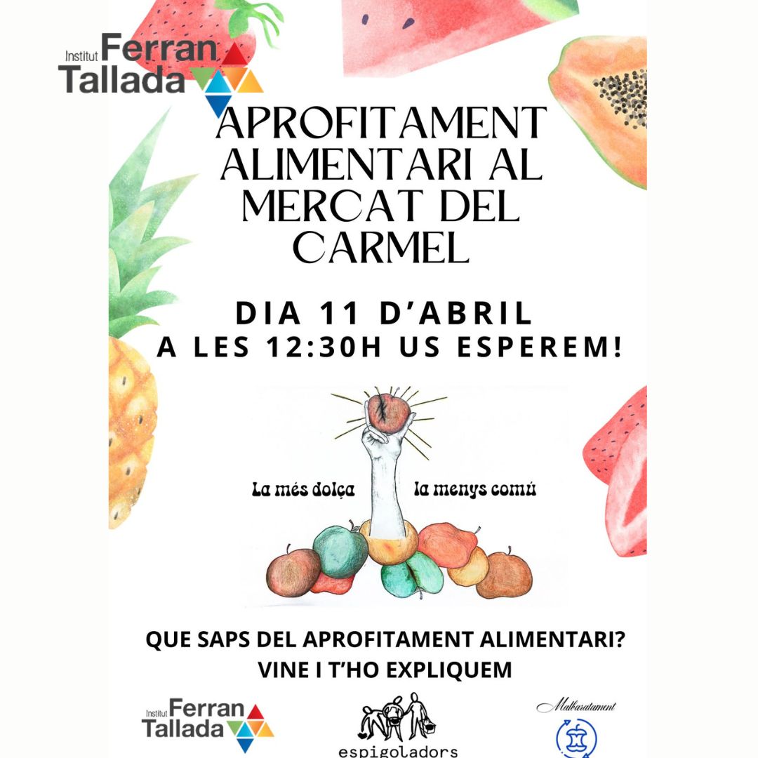 T’esperem al taller que hem preparat per fomentar l’aprofitament alimentari. Què és el #malbaratamentalimentari, quines conseqüencies té i com podem evitar-lo. I de regal, una recepta de cuina d'aprofitament! 🗓️ 11 d’abril - 12:30h 📍 @mercatdelcarmel Col·labora: @espigoladors