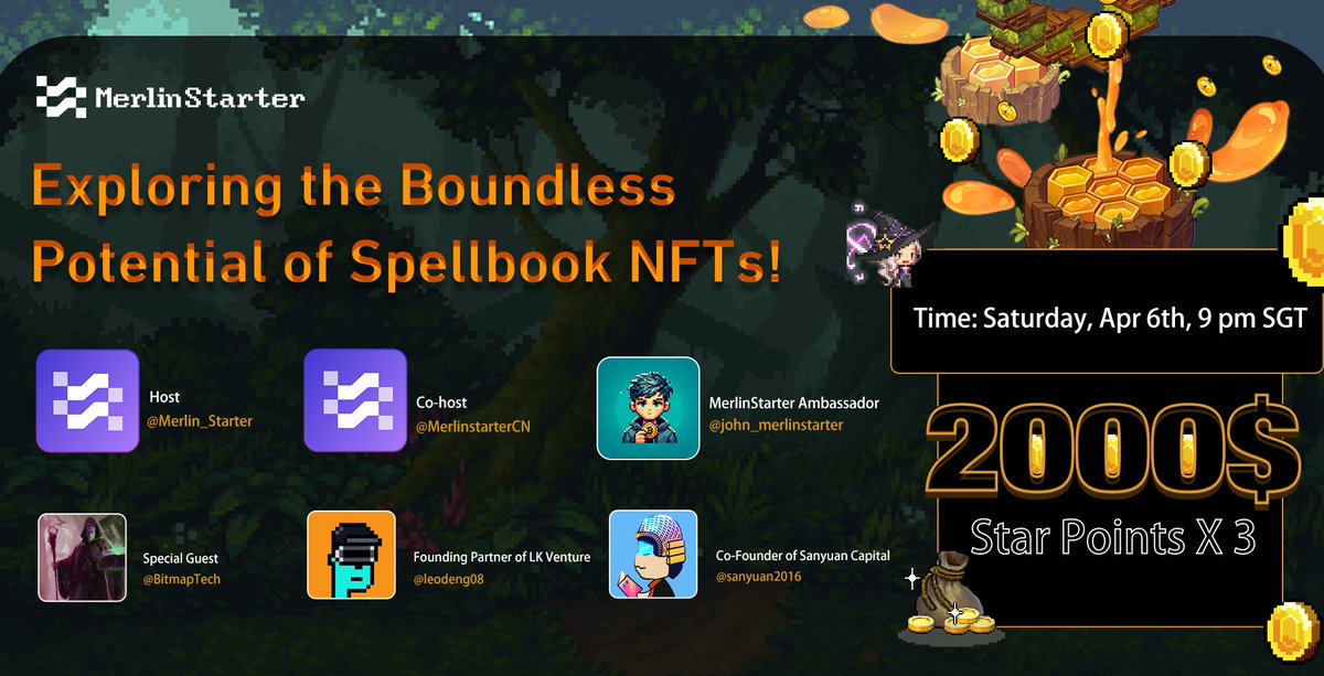 MerlinStarter Twitter Space

Topic: Exploring the Boundless Potential of Spellbook NFTs x.com/i/spaces/1OdJr…

⏰ Monday, April 8th, at 9:00 PM (SGT)
🎁2000 $Star Points x 3
🟪 Winners <a href="/merlin_giveaway/">🟪MerlinStarter Giveaway🎁</a>
1️⃣ RT, Like, Follow @merlin_starter
2️⃣ Leave your Merlin EVM Address &amp;