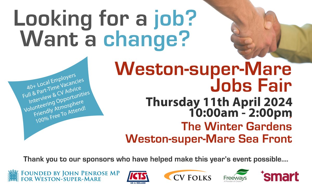 We're excited to be attending the Weston-super-Mare Jobs Fair at The Winter Gardens on 11 April! Come along and speak to our team to learn more about our short courses.