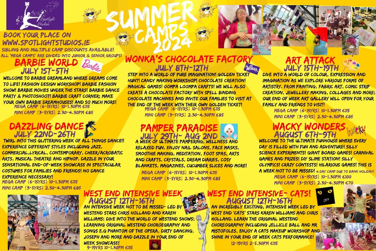 Summer camps in Wicklow Town :) I teach filmmaking classes in there and my kids love the dance classes :) Defo worth a look :)