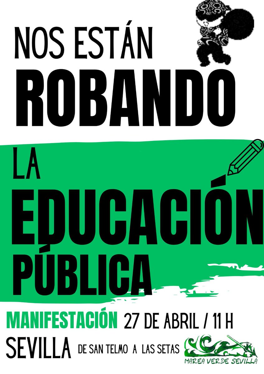 #NosestánrobandolaEducaciónPública 
❌2.600 aulas suprimidas.
🏫Cierre de centros educativos.
💳FP privatizada.
💸119M de fondos europeos para guarderías públicas devueltos.
💰Más del 1.000M para la privada concertada.
👨‍🏫Precariedad laboral.

Que no falte nadie #MareaVerde27A🌊💚