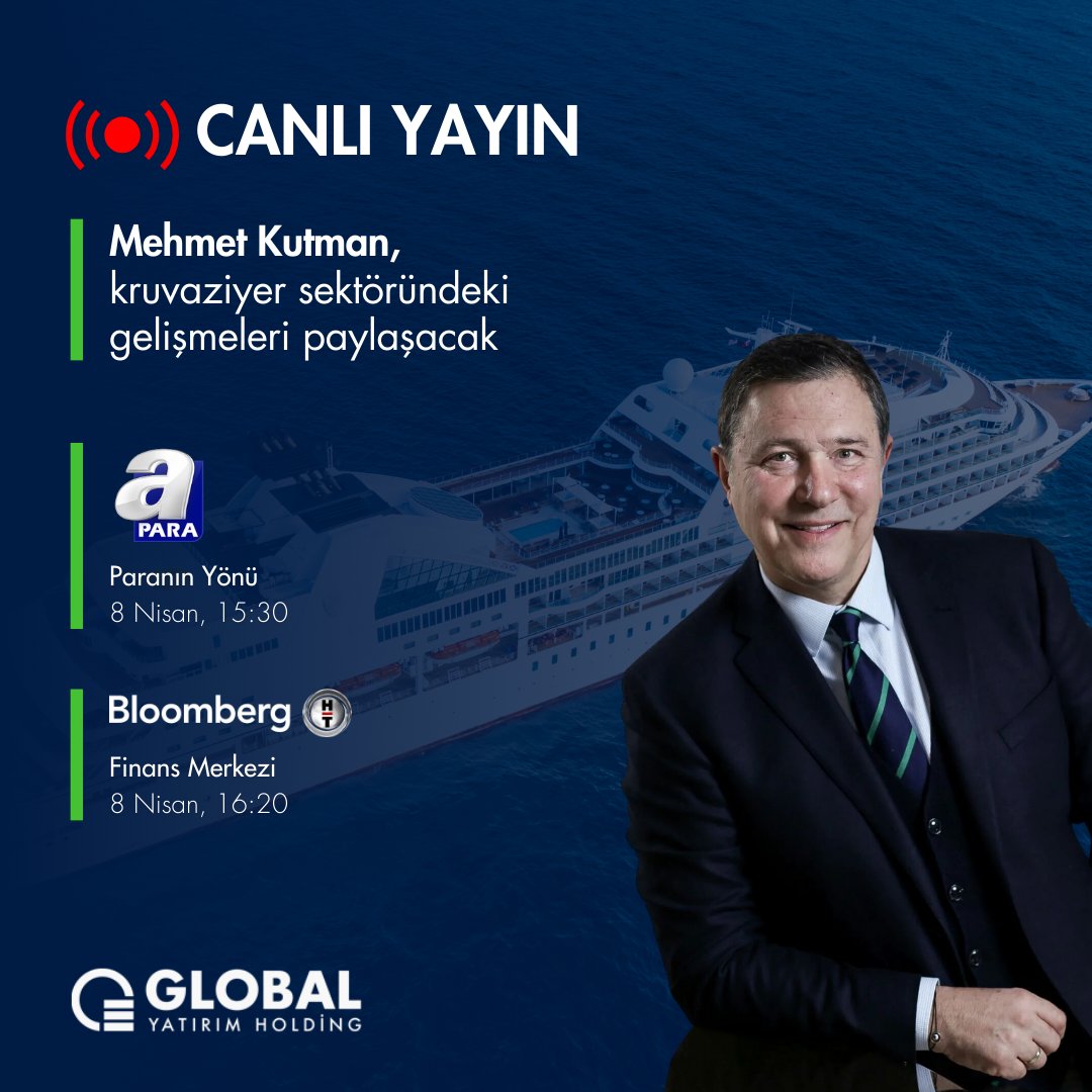 Global Yatırım Holding ve Global Ports Holding Yönetim Kurulu Başkanı Mehmet Kutman, kruvaziyer sektöründeki son gelişmeleri paylaşmak üzere iki ayrı programda konuk olacak. Sektördeki gelişmeleri yakından takip etmek için bu programları izleyebilirsiniz.