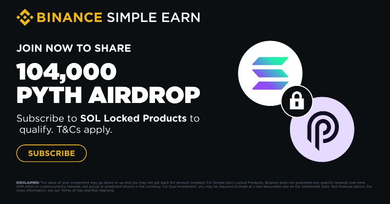 binance's tweet photo. #Binance Simple Earn launches a new promotion for $SOL Locked Products!

Complete subscriptions to SOL Locked Products to get a share of 104,000 @PythNetwork $PYTH in airdrop rewards as well as up to 8.9% in APR!

Don't miss out 👇