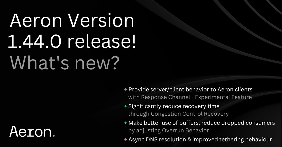 WeAreAdaptive's tweet image. #Aeron 1.44.0 released! Response Channels experimental feature, async DNS resolution, improve tethering behavior, reduce recovery time in congested networks &amp;amp; loss recovery improvements. Details on Github: eu1.hubs.ly/H08s-6-0 
#softwarerelease #newfeatures #tradingtechnology