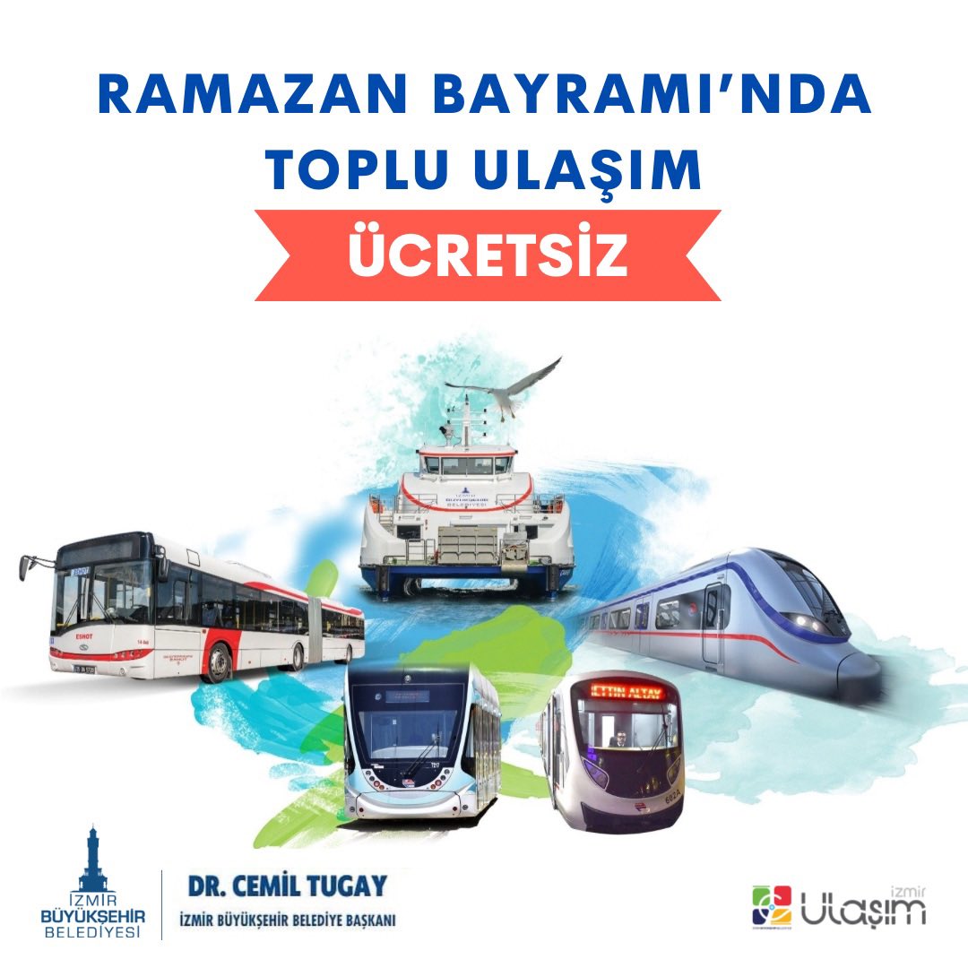 Belediyemize bağlı ESHOT, İZULAŞ, İZTAŞIT, İZDENİZ, Metro ve Tramvay işletmeleri, İZTAŞIT araçları ile TCDD ortaklığıyla işletilen İZBAN, bayramda ücretsiz hizmet verecek. ESHOT, kabristanlara özel otobüs seferleri de düzenleyecek. Ayrıntılı bilgi için; izmir.bel.tr/tr/Haberler/ra…